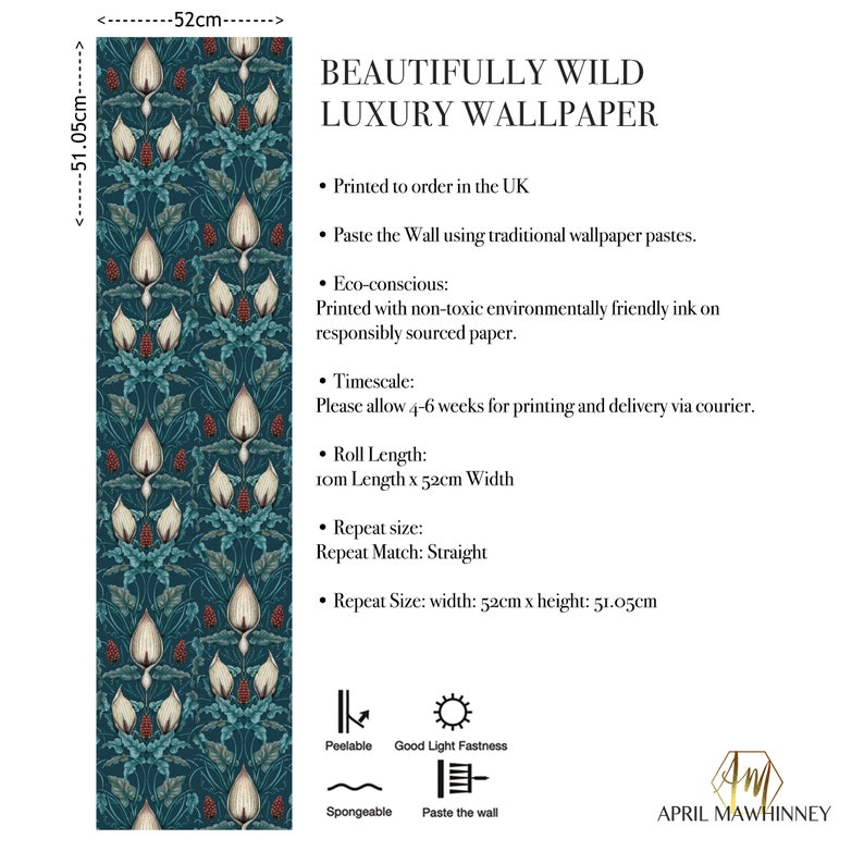 Tincture of Teal Lords and Ladies Wallpaper. Woodland, Botanical Wallpaper, Floral Arts & Crafts, William Morris Decor, Maximalist, Dark image 7