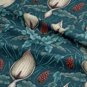 Linen Teal Lords and Ladies fabric. Woodland, Lords and Ladies, Botanical fabric, Floral Arts & Crafts, William Morris Decor, Maximalist