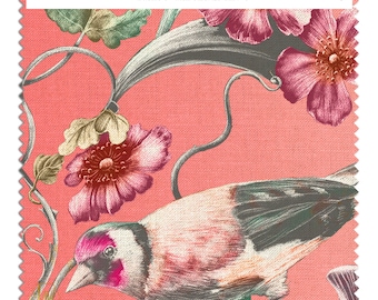 Pink Waxcap Linen Fabric Sample: Floral Bird Print