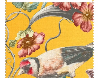SAMPLE Goldfinch Wild Hedgerow Linen fabric, Yellow, Maximalist, Victorian, Soft furnishing, Upholstery, Luxury drapes, curtains, sewing