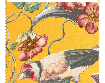 Goldfinch Linen Fabric Sample: Yellow Victorian Floral (20cm x 20cm)