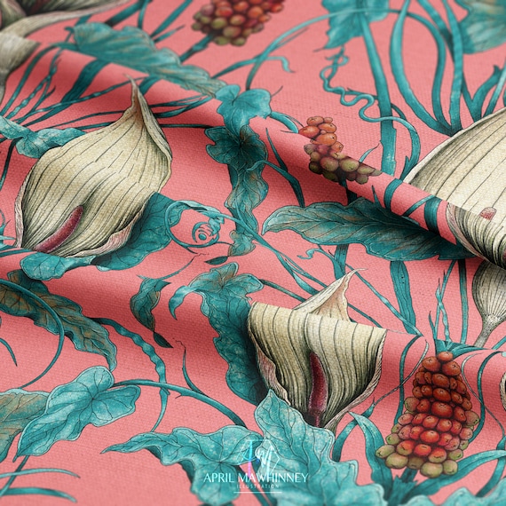 Linen Cotton Botanical Fabric: Penicillin Pink Floral William Morris Style