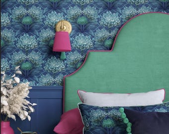 Blue Chrysanthemum Wallpaper, William Morris Style Luxury Floral Wallcovering, Bold Maximalist Statement Decor, Cloakroom Wallpaper Idea
