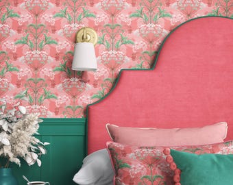 Pimpernel Pink Hemlock Wallpaper, William Morris Style Botanical Wallcovering, Victorian Decor