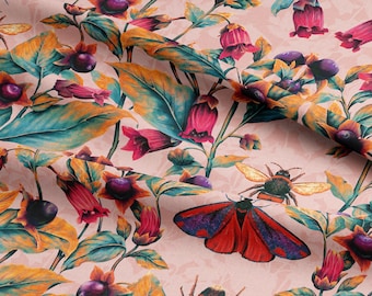 Deadly Nightshade Lughnasa Pink fabric. Maximalist, Botanical, Plaster, Floral Arts & Crafts, Gothic,, Renovation, luxury velvet.