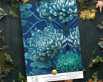 Blue Chrysanthemum Wallpaper Sample, Blue Vitriol Maximalist William Morris Floral Design, Bold Floral, Big flowers, Vintage-inspired Walls