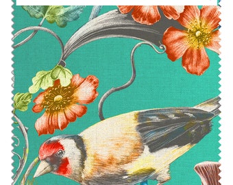 Kingfisher Linen Fabric Sample: Teal Bird & Floral Print