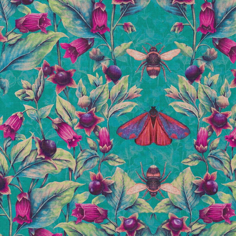 Linen Deadly Nightshade Arsenic fabric. Maximalist, Teal, bees, moths, luxury interiors, home decor fabrics, soft furnishing, Linen. image 2