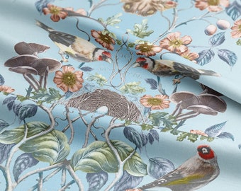 Blackbird Egg Linen Cotton Fabric: Blue Bird & Floral Upholstery