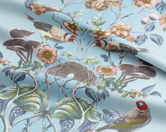 Blackbird Egg Wild Hedgerow Linen fabric, Blue, Birds, Maximalist, Victorian, Soft furnishing, Upholstery, Luxury, Bold interiors