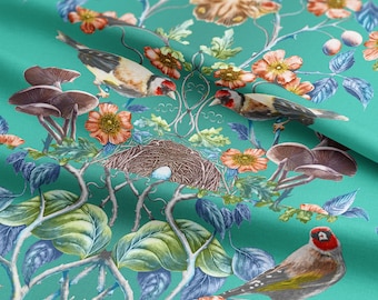 Kingfisher Linen Cotton Fabric: Teal Bird & Hedgerow Print