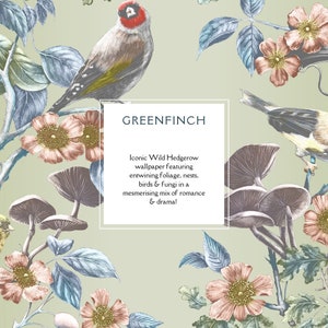 Greenfinch Super Wide 'Wild Hedgerow' Wallpaper, Luxury, Home Decor, Victorian Renovation, maximalist, damask, woodland, birds, calming image 9