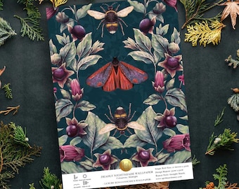Deadly Nightshade Midnight Wallpaper Sample, Floral Moth wallpaper, Dark Nature Wallpaper, Eye-catching wallpaper, statement decor, bold