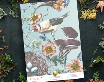 SAMPLE Blackbird Egg Wild Hedgerow Wallpaper, Luxury, Woodland, Home Decor, House Renovation, Victorian, mushrooms, birds, blue