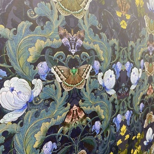 SAMPLE Bloomsbury Midnight Moth Wide Wallpaper - Luxury British-Made Arts & Crafts Style Wallcovering, Opulent Decor, Victorian