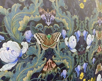 SAMPLE Bloomsbury Midnight Moth Wide Wallpaper - Luxury British-Made Arts & Crafts Style Wallcovering, Opulent Decor, Victorian