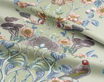 Greenfinch Wild Hedgerow Linen fabric, Green, Birds, Maximalist, Victorian, Soft furnishing, Upholstery, Luxury, Bold interiors