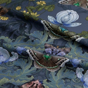 Linen Bloomsbury Moth Floral Fabric in Midnight, Floral Arts & Crafts, William Morris Decor, Maximalist, Victorian Gothic Walls image 1