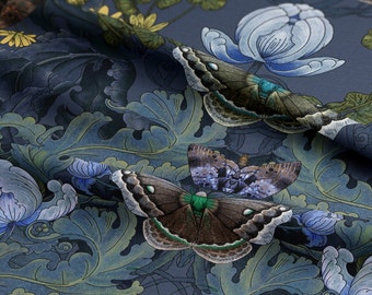 Linen Bloomsbury Moth Floral Fabric in Midnight, Floral Arts & Crafts, William Morris Decor, Maximalist, Victorian Gothic Walls