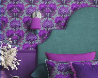 London Purple Chrysanthemum Wallpaper, Hand Drawn William Morris Style Floral Wallcovering, Bold Maximalist Statement Decor for Cloakrooms