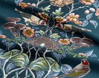 Raven's Wing Linen Cotton Fabric: William Morris Style, Navy Maximalist Upholstery