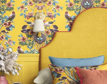 Goldfinch Hedgerow Wallpaper. Yellow Chinoiserie, William Morris Inspired Vintage Wallpaper, Bold Statement Decor for Luxury Interiors
