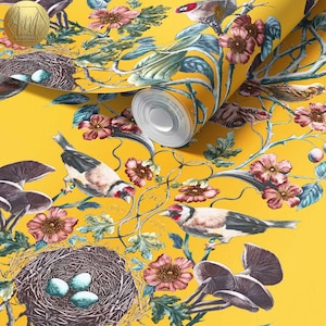 Goldfinch Wild Hedgerow Super Wide Wallpaper, Woodland, birds, Luxury, Home Decor, Chinoiserie, maximalist, Victorian, yellow, mushroom.