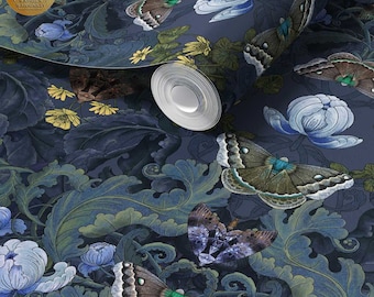 Bloomsbury Moth Super Wide Wallpaper. Navy, Maximalist Wallpaper, Arts & Crafts, William Morris Decor, Dark Wallcovering, Victorian luxury