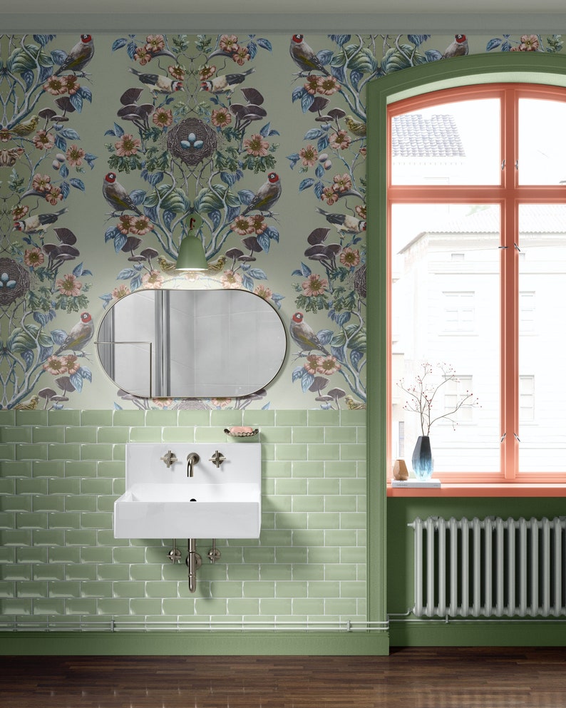 Greenfinch Super Wide 'Wild Hedgerow' Wallpaper, Luxury, Home Decor, Victorian Renovation, maximalist, damask, woodland, birds, calming image 8