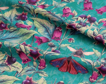 Deadly Nightshade Arsenic fabric. Maximalist, Botanical, Teal, bees, moths, Floral Arts & Crafts, Gothic, Renovation, luxury velvet.