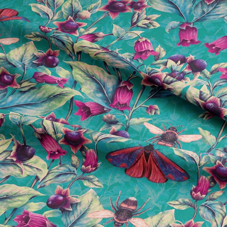 Linen Deadly Nightshade Arsenic fabric. Maximalist, Teal, bees, moths, luxury interiors, home decor fabrics, soft furnishing, Linen. image 1