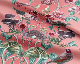 Pink Waxcap Wild Hedgerow Linen fabric, Pink, Birds, Maximalist, Victorian, Soft furnishing, Upholstery, Luxury, Bold interiors