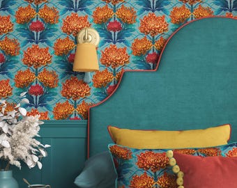 Orpiment Orange Chrysanthemum Wallpaper, Luxury Floral Wallcovering, Bold Maximalist Statement Decor, Cloakroom Wallpaper Inspiration