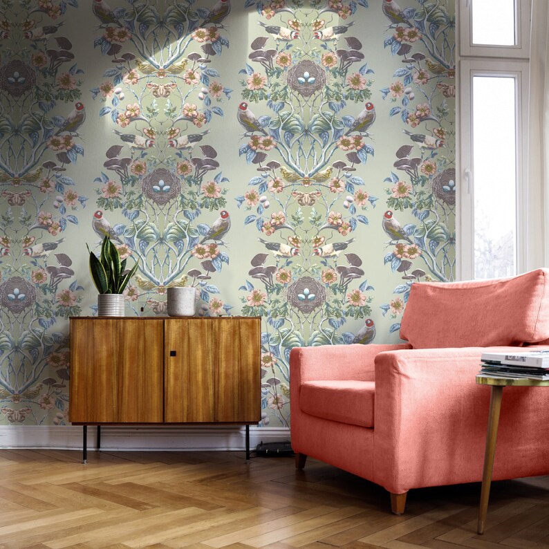 Greenfinch Super Wide 'Wild Hedgerow' Wallpaper, Luxury, Home Decor, Victorian Renovation, maximalist, damask, woodland, birds, calming image 4