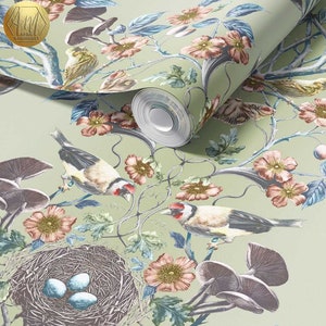 Greenfinch Super Wide 'Wild Hedgerow' Wallpaper, Luxury, Home Decor, Victorian Renovation, maximalist, damask, woodland, birds, calming image 1