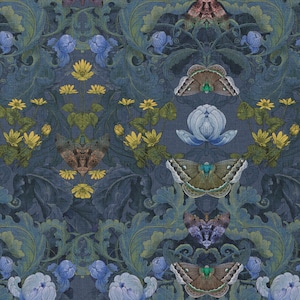 Linen Bloomsbury Moth Floral Fabric in Midnight, Floral Arts & Crafts, William Morris Decor, Maximalist, Victorian Gothic Walls image 3