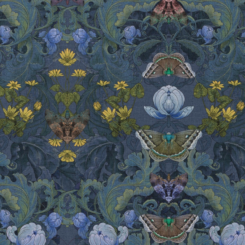 Linen Bloomsbury Moth Floral Fabric in Midnight, Floral Arts & Crafts, William Morris Decor, Maximalist, Victorian Gothic Walls image 3