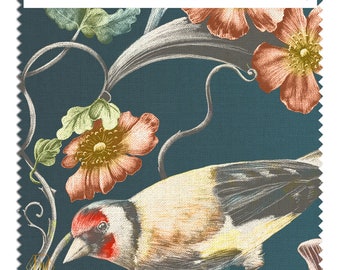 Raven's Wing Fabric Sample: Linen Cotton Blend, Floral Bird Print