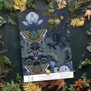 May include: A dark blue wallpaper with a repeating pattern of moths, flowers, and leaves. The moths are a dark brown colour with green accents and the flowers are a light blue colour. The text on the image reads "Bloomsbury Moth Wallpaper" and "Luxury Eco-Conscious Wallpaper".