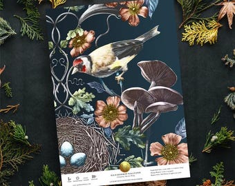 Raven’s Wing Floral Wallpaper Sample; Woodland Birds, Dark Maximalist Botanical Decor, Statement interiors, renovation, gothic, moody,