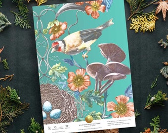 SAMPLE 'Kingfisher' Wild Hedgerow Wallpaper, Wallcovering, Luxury, Home Decor, Vintage, woodland, birds, teal, Victorian Renovation