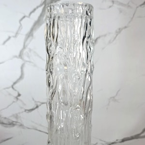 May include: A clear glass vase with a textured, bark-like design. The cylindrical vase stands upright against a white marble background. The vase is approximately 8 inches tall.