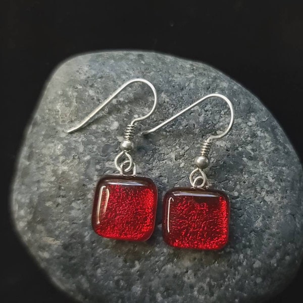 Elegant Square Red Dichroic Glass Beads on Solid Sterling Silver French Hook Earrings by Kim Bailey, Fashion Earrings Dangle, Gift for Her