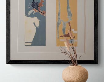 Abstract Art Print - One of a Kind Monoprint by Dorothy Balderson in Blue and Yellow