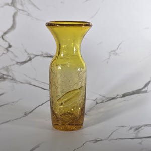 60-D Mini Vase Yellow Crackle with Applied Leaf - Vintage MCM Blenko Glass
