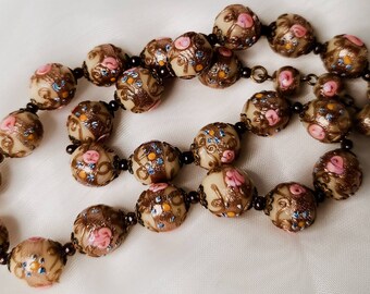 Art Deco Rare Venetian Lampwork Glass Beads & 14K Rolled Rose Gold Drop Earrings 