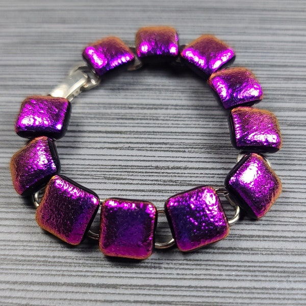 Women's Bracelet with Handmade Purple Dichroic Glass, Solid 925 Sterling Silver Link by Kim Bailey
