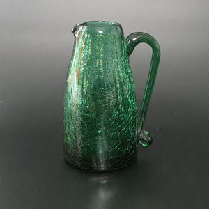 Crackle Glass Miniature Pitcher or Creamer, Vintage Emerald Green, Hand-blown Midcentury Glass