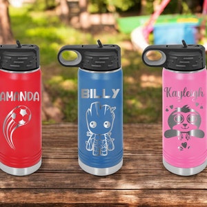 Personalized Kids Water Bottle with Straw, Back to School, 12 or 20oz Stainless Steel Custom Laser Engraved for Boys and Girls, Summer Camp