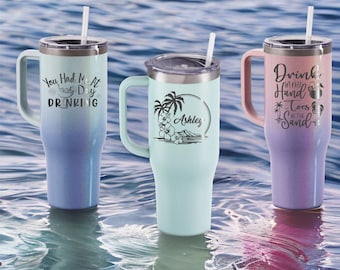 Beach Tumbler, 40oz Personalized tumbler with handle, Lid and Straw, Stainless Steel Engraved Tumbler, Personalized Gift for her